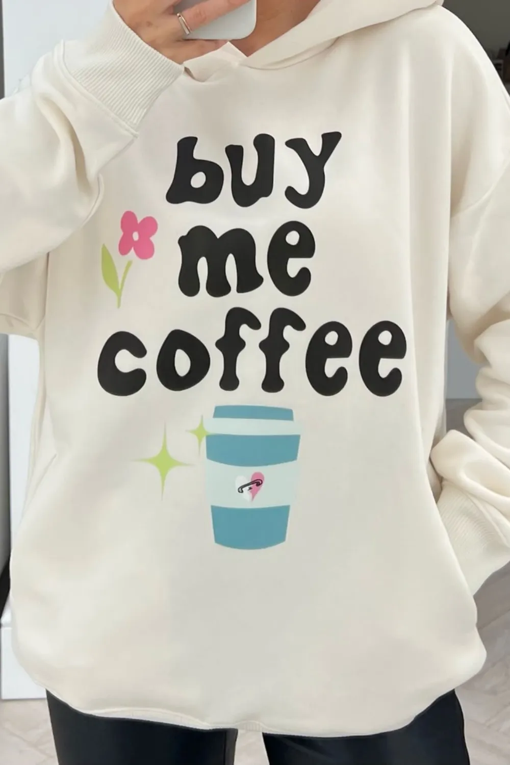 Buy me coffee premium ecru printed hoodie