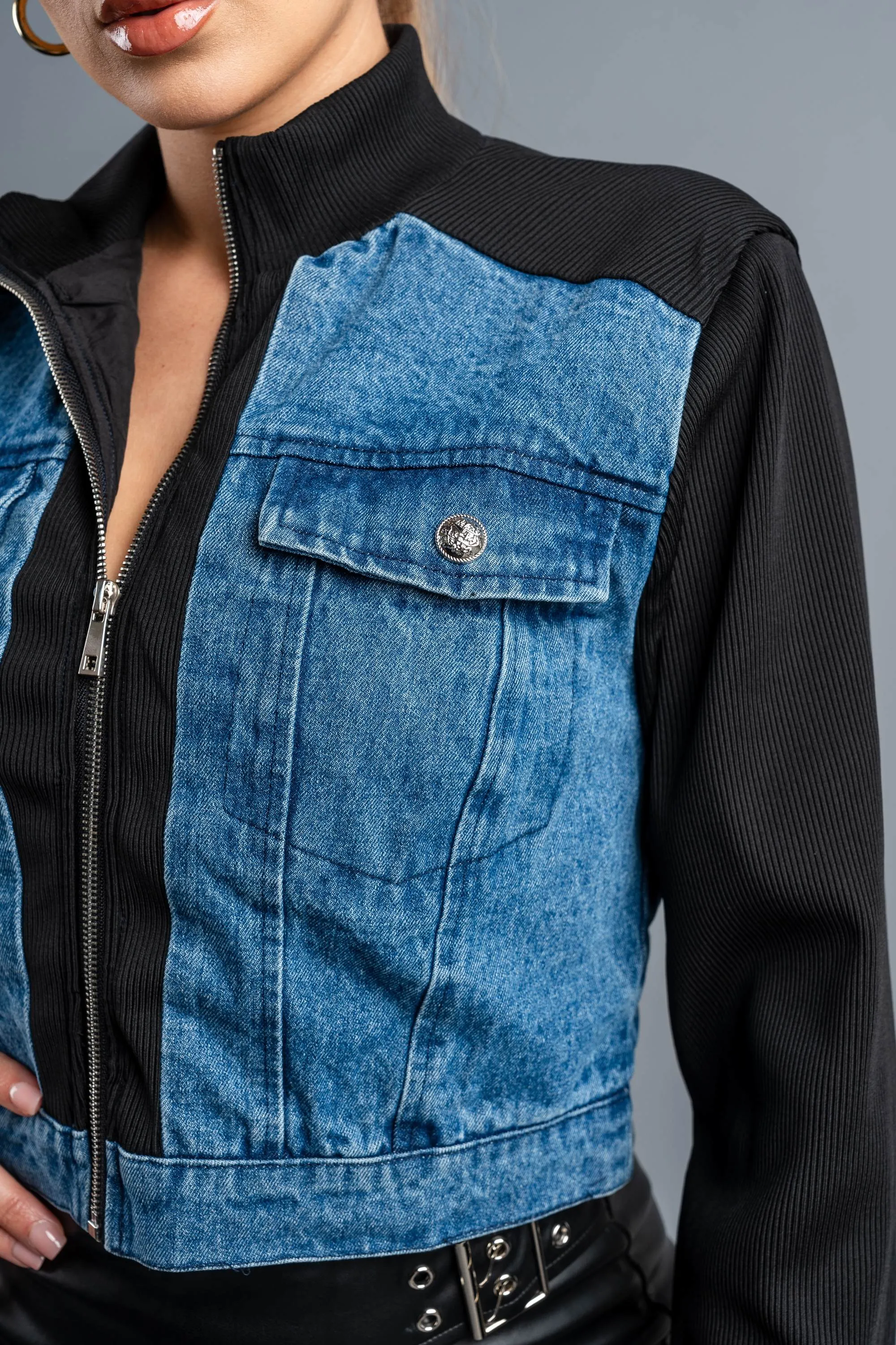 CHIC WASHED DENIM ZIPUP CROPPED RIDER JACKET