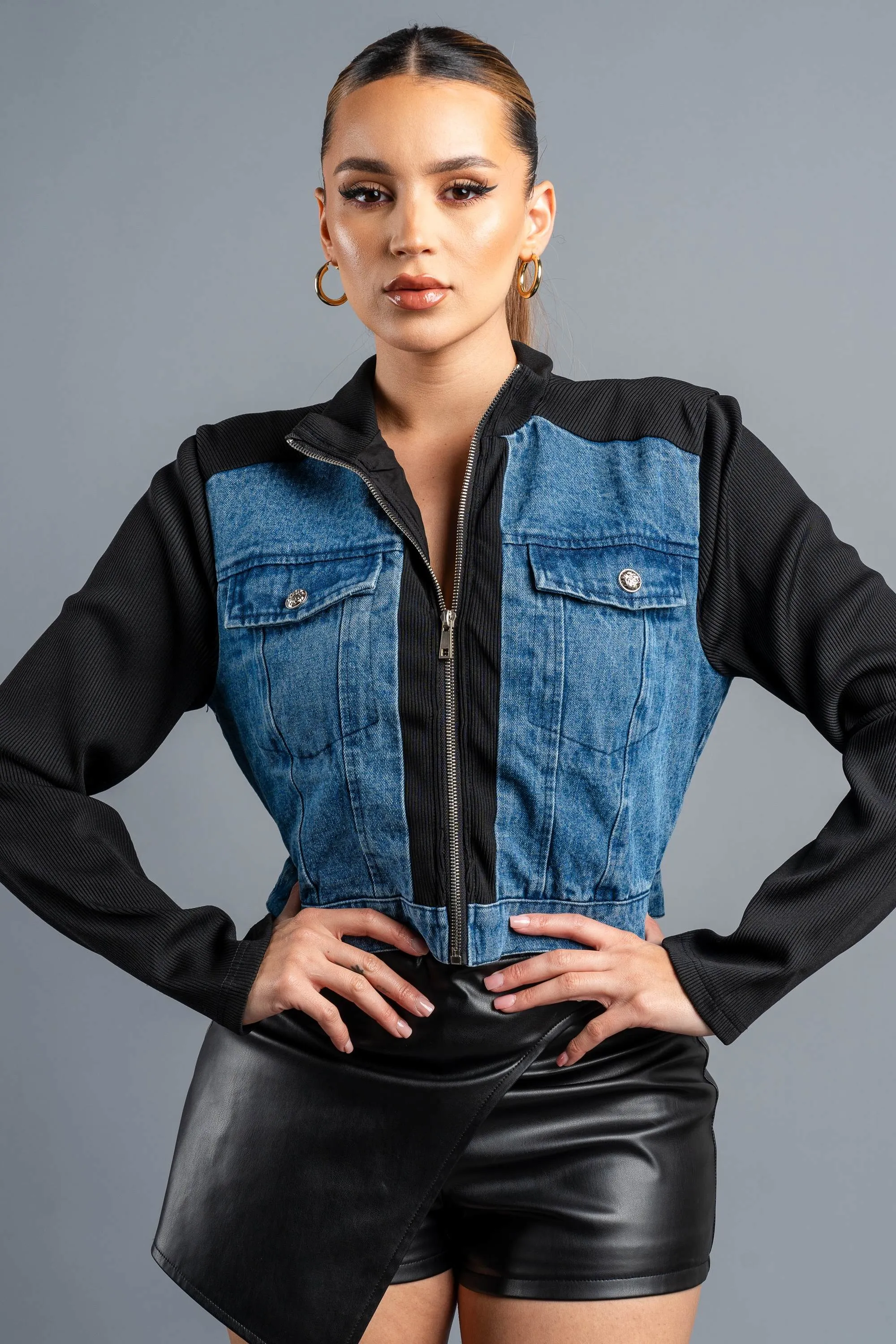 CHIC WASHED DENIM ZIPUP CROPPED RIDER JACKET