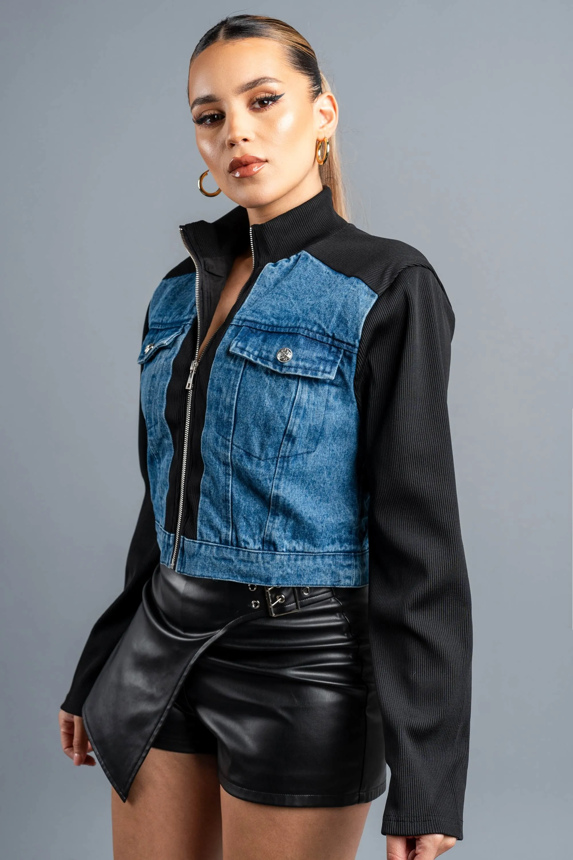 CHIC WASHED DENIM ZIPUP CROPPED RIDER JACKET