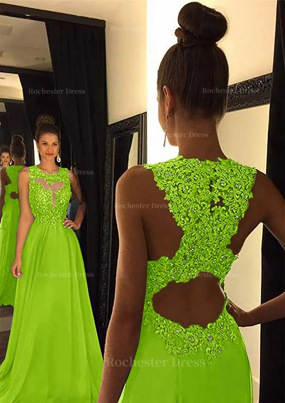 Chiffon Prom Dress A-Line/Princess Scoop Neck Sweep Train With Appliqued Beaded