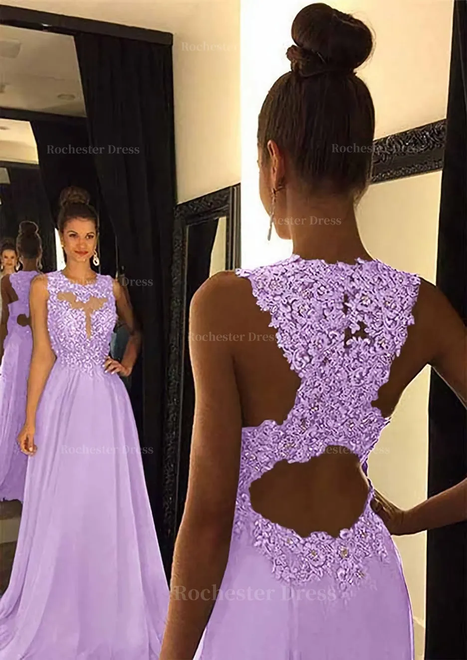 Chiffon Prom Dress A-Line/Princess Scoop Neck Sweep Train With Appliqued Beaded