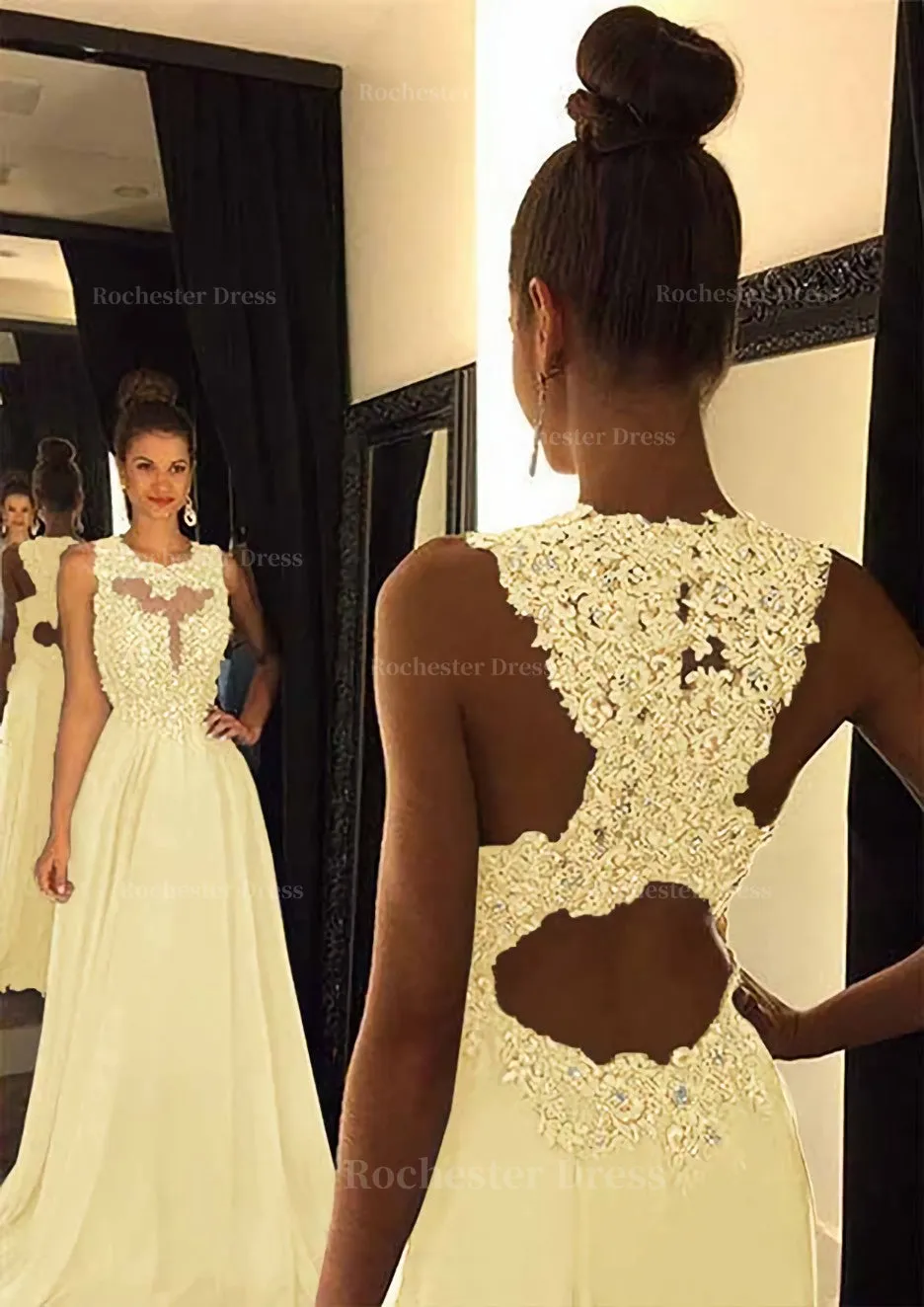 Chiffon Prom Dress A-Line/Princess Scoop Neck Sweep Train With Appliqued Beaded