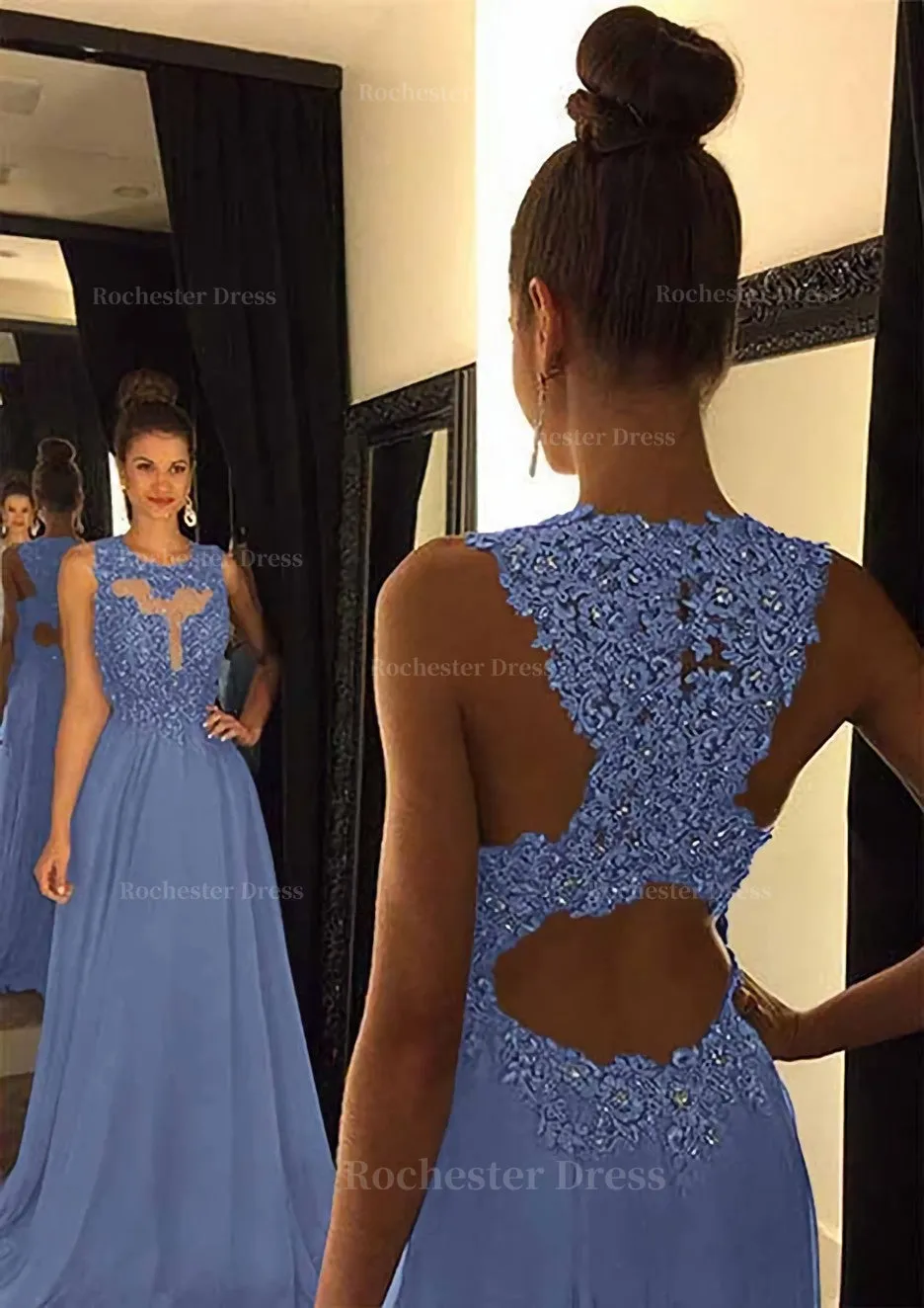 Chiffon Prom Dress A-Line/Princess Scoop Neck Sweep Train With Appliqued Beaded
