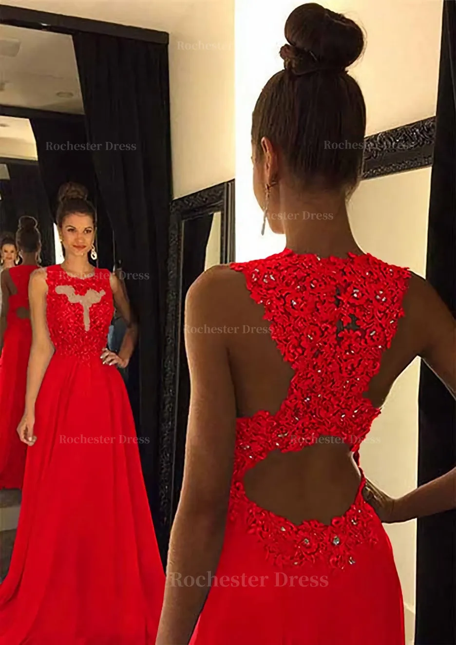 Chiffon Prom Dress A-Line/Princess Scoop Neck Sweep Train With Appliqued Beaded