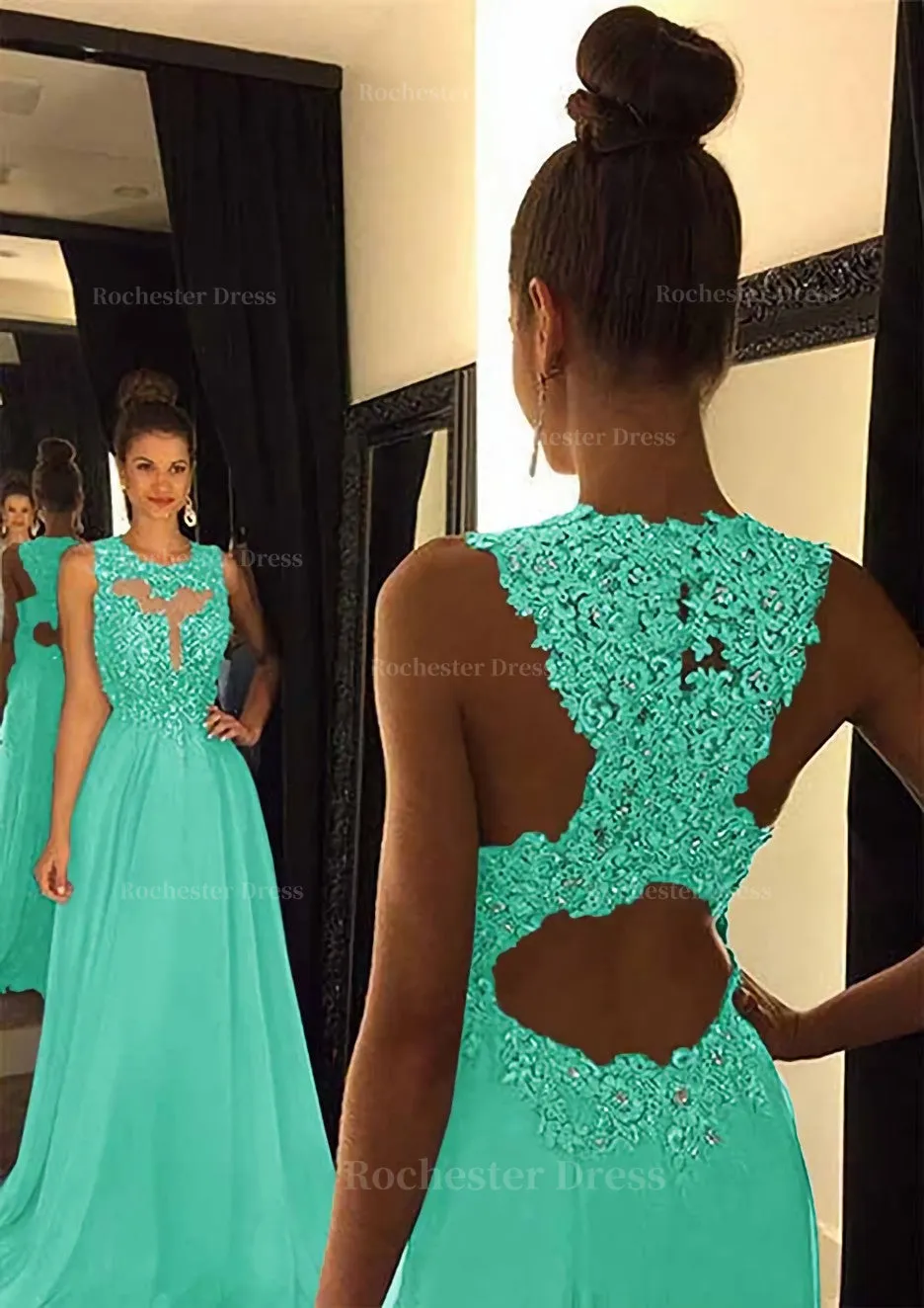 Chiffon Prom Dress A-Line/Princess Scoop Neck Sweep Train With Appliqued Beaded