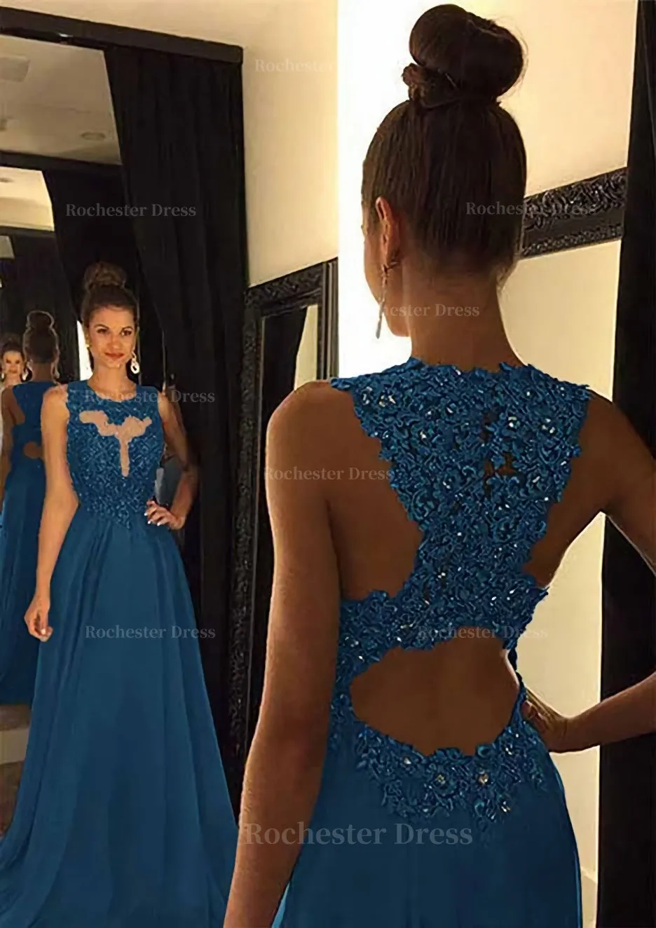 Chiffon Prom Dress A-Line/Princess Scoop Neck Sweep Train With Appliqued Beaded