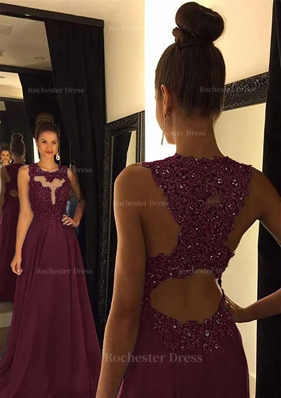 Chiffon Prom Dress A-Line/Princess Scoop Neck Sweep Train With Appliqued Beaded
