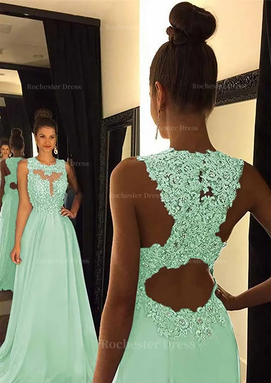 Chiffon Prom Dress A-Line/Princess Scoop Neck Sweep Train With Appliqued Beaded