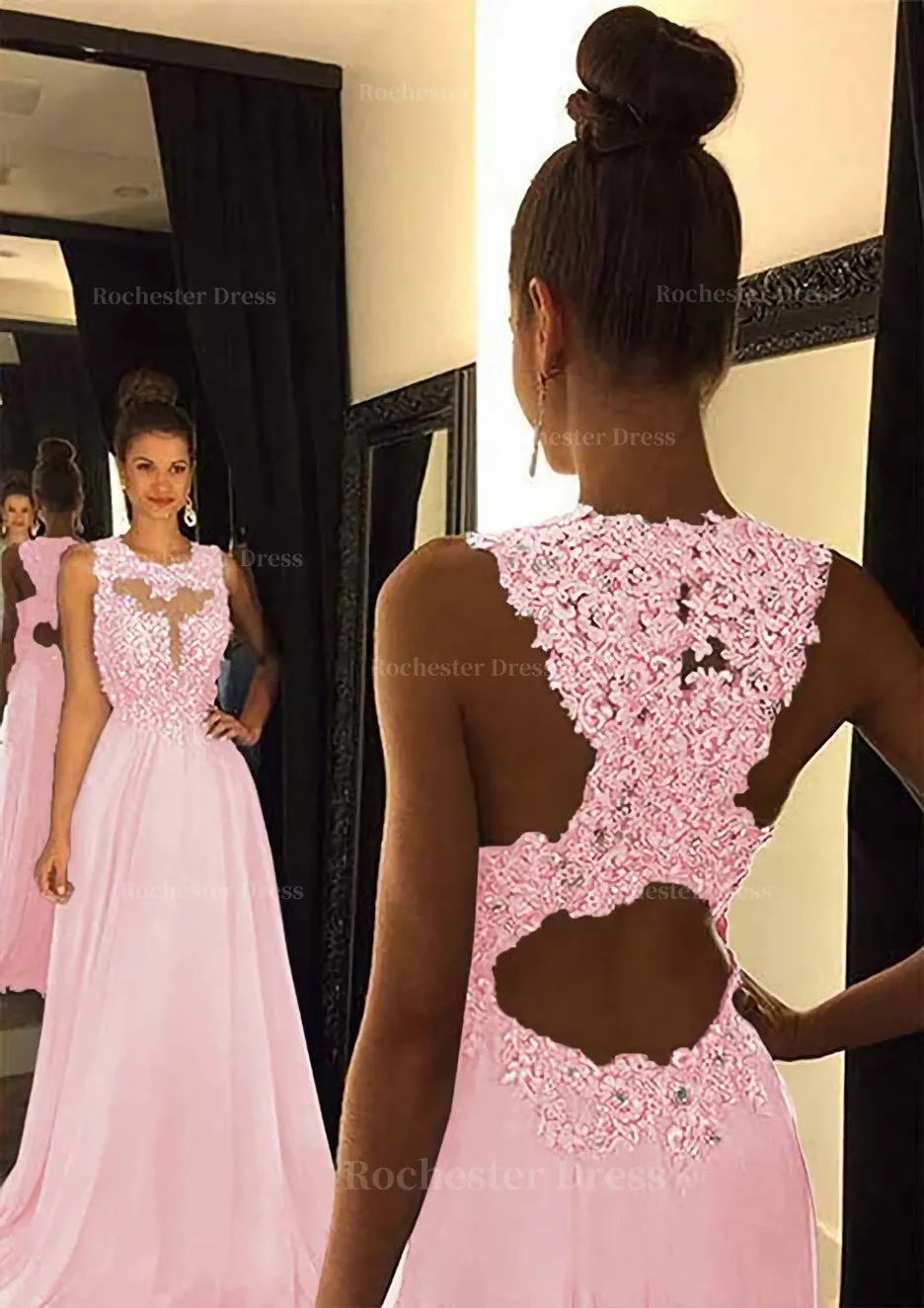 Chiffon Prom Dress A-Line/Princess Scoop Neck Sweep Train With Appliqued Beaded