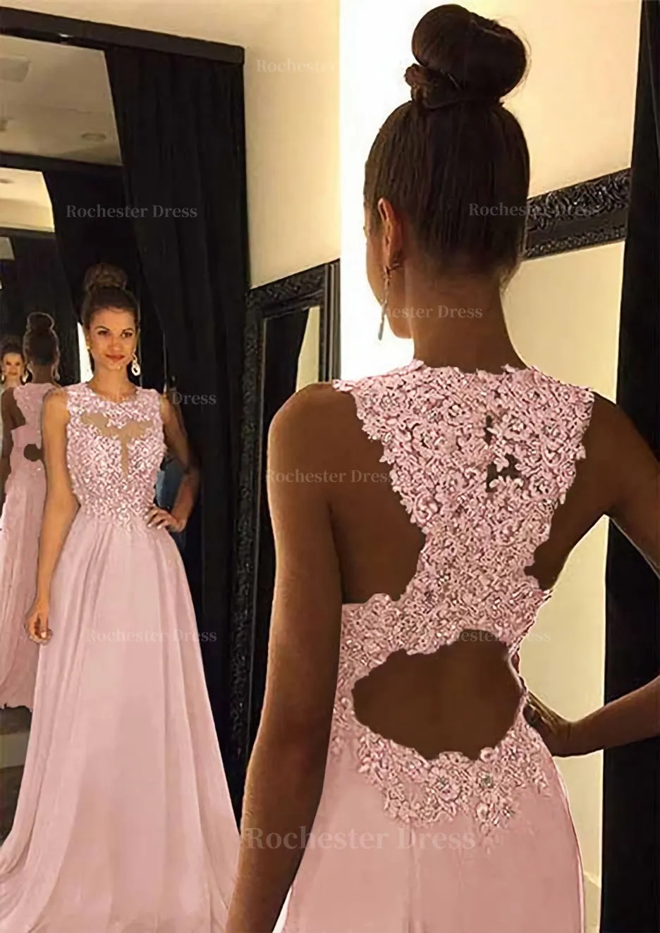 Chiffon Prom Dress A-Line/Princess Scoop Neck Sweep Train With Appliqued Beaded