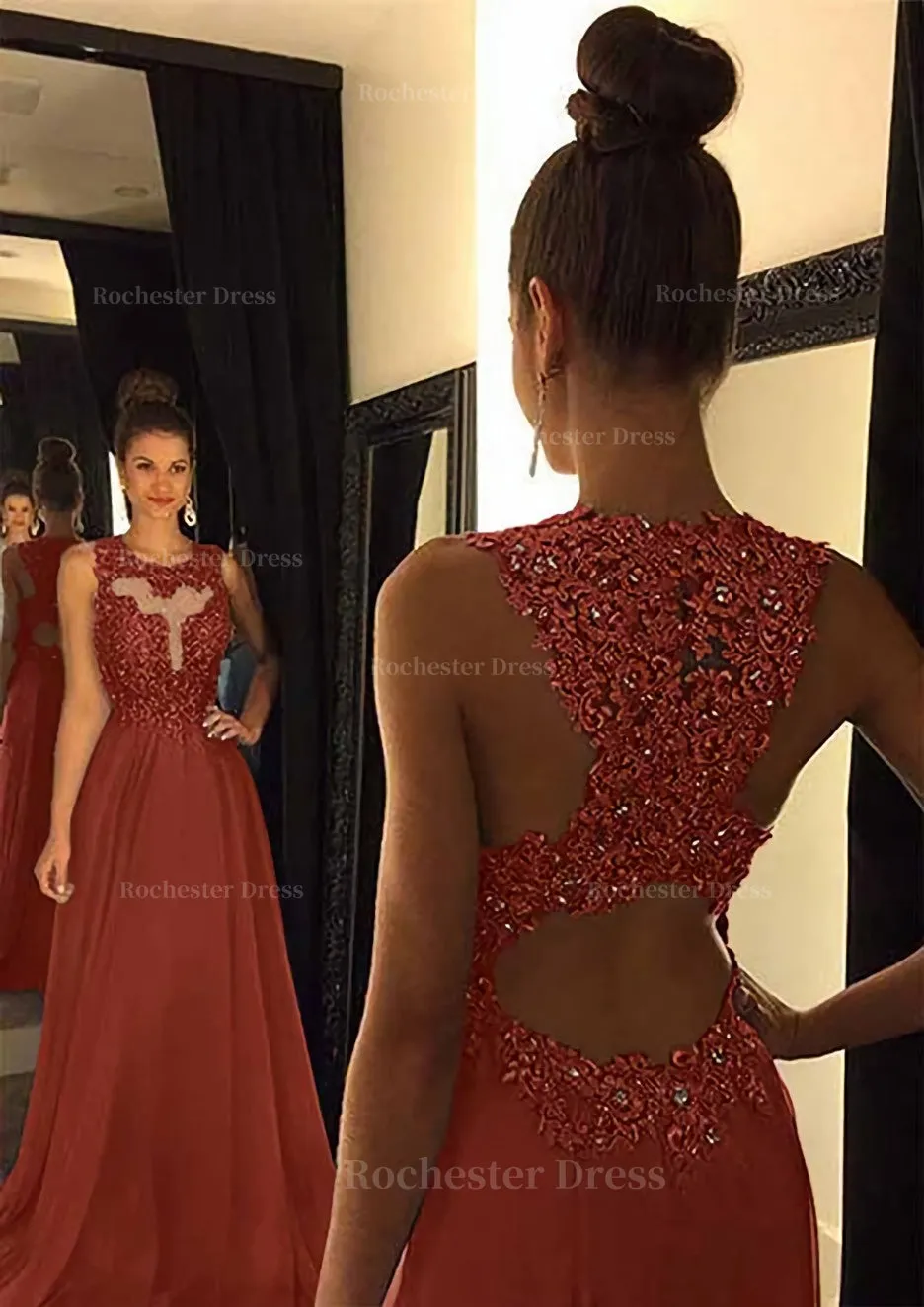 Chiffon Prom Dress A-Line/Princess Scoop Neck Sweep Train With Appliqued Beaded