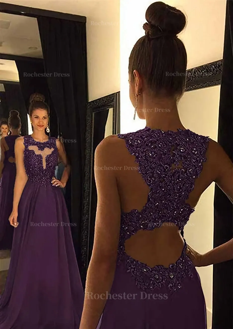 Chiffon Prom Dress A-Line/Princess Scoop Neck Sweep Train With Appliqued Beaded