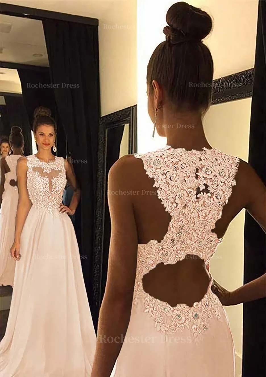 Chiffon Prom Dress A-Line/Princess Scoop Neck Sweep Train With Appliqued Beaded