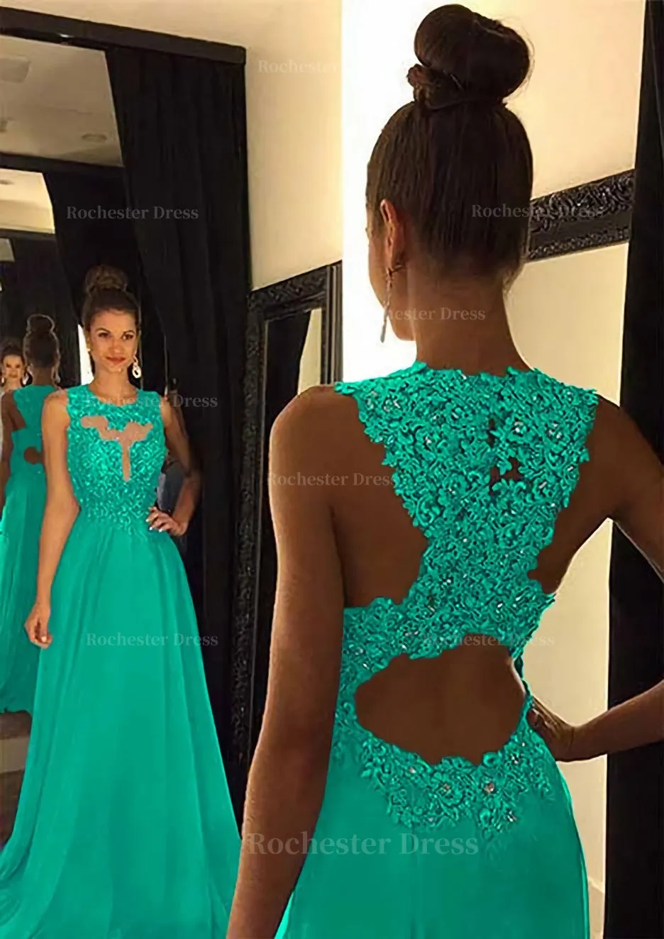 Chiffon Prom Dress A-Line/Princess Scoop Neck Sweep Train With Appliqued Beaded