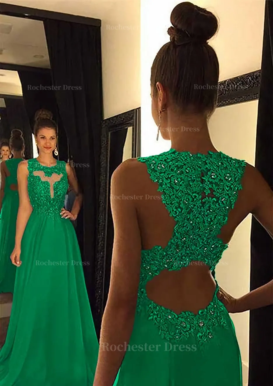 Chiffon Prom Dress A-Line/Princess Scoop Neck Sweep Train With Appliqued Beaded