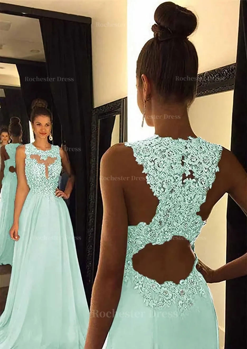 Chiffon Prom Dress A-Line/Princess Scoop Neck Sweep Train With Appliqued Beaded