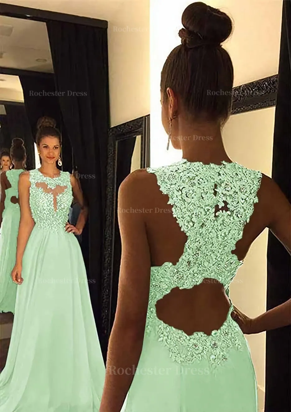 Chiffon Prom Dress A-Line/Princess Scoop Neck Sweep Train With Appliqued Beaded