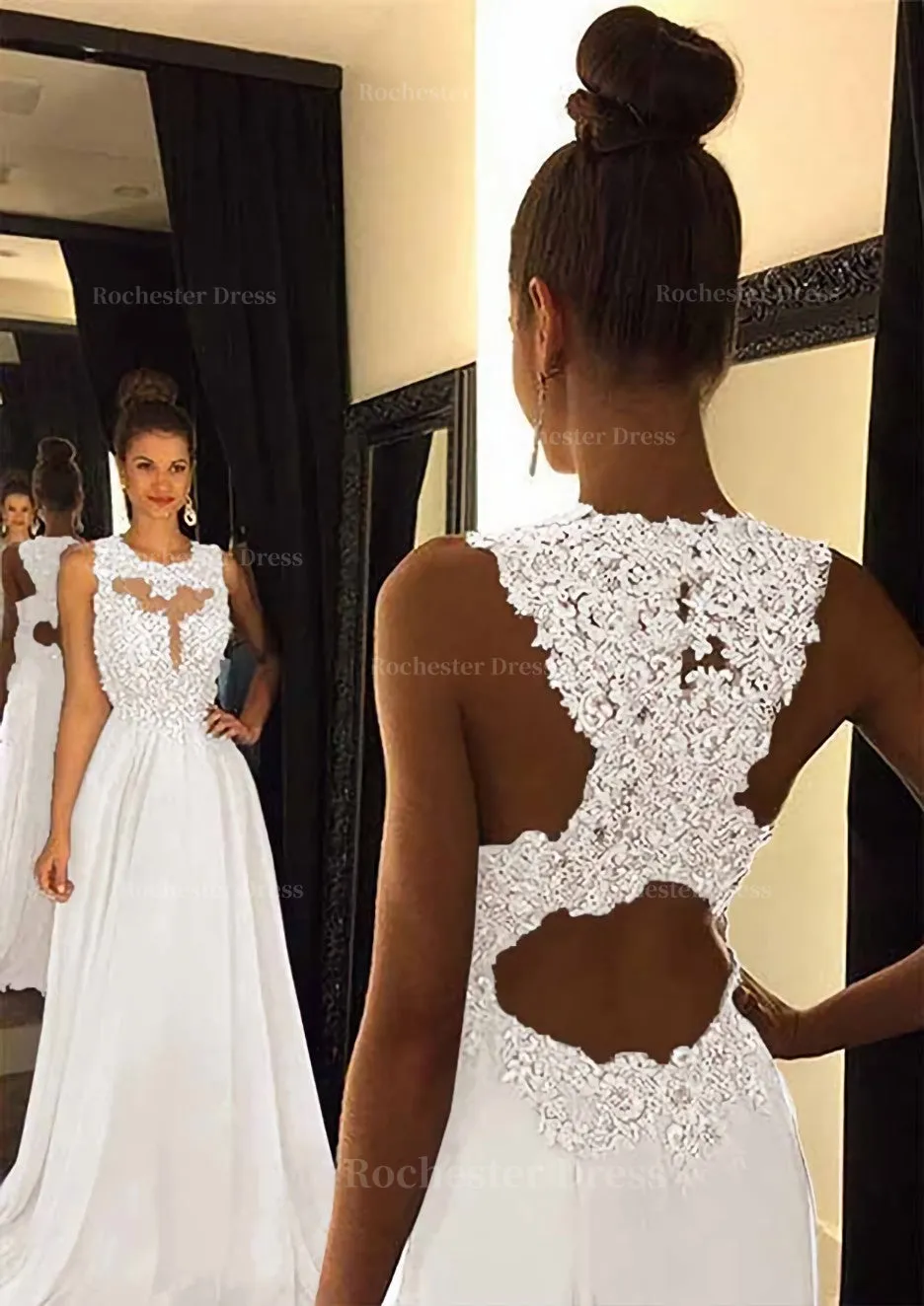 Chiffon Prom Dress A-Line/Princess Scoop Neck Sweep Train With Appliqued Beaded