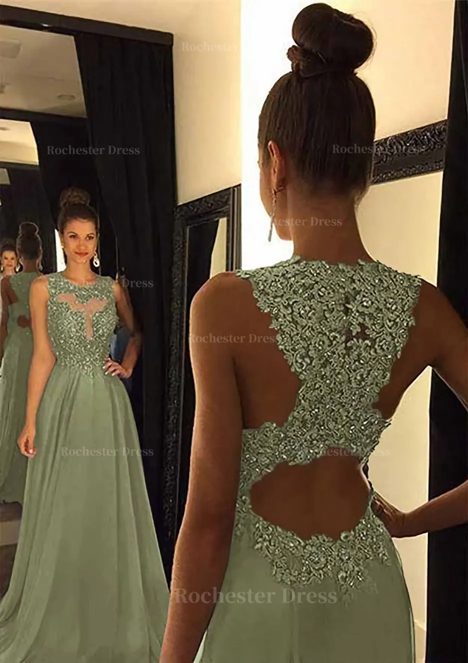 Chiffon Prom Dress A-Line/Princess Scoop Neck Sweep Train With Appliqued Beaded