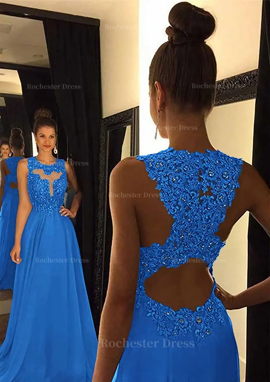 Chiffon Prom Dress A-Line/Princess Scoop Neck Sweep Train With Appliqued Beaded