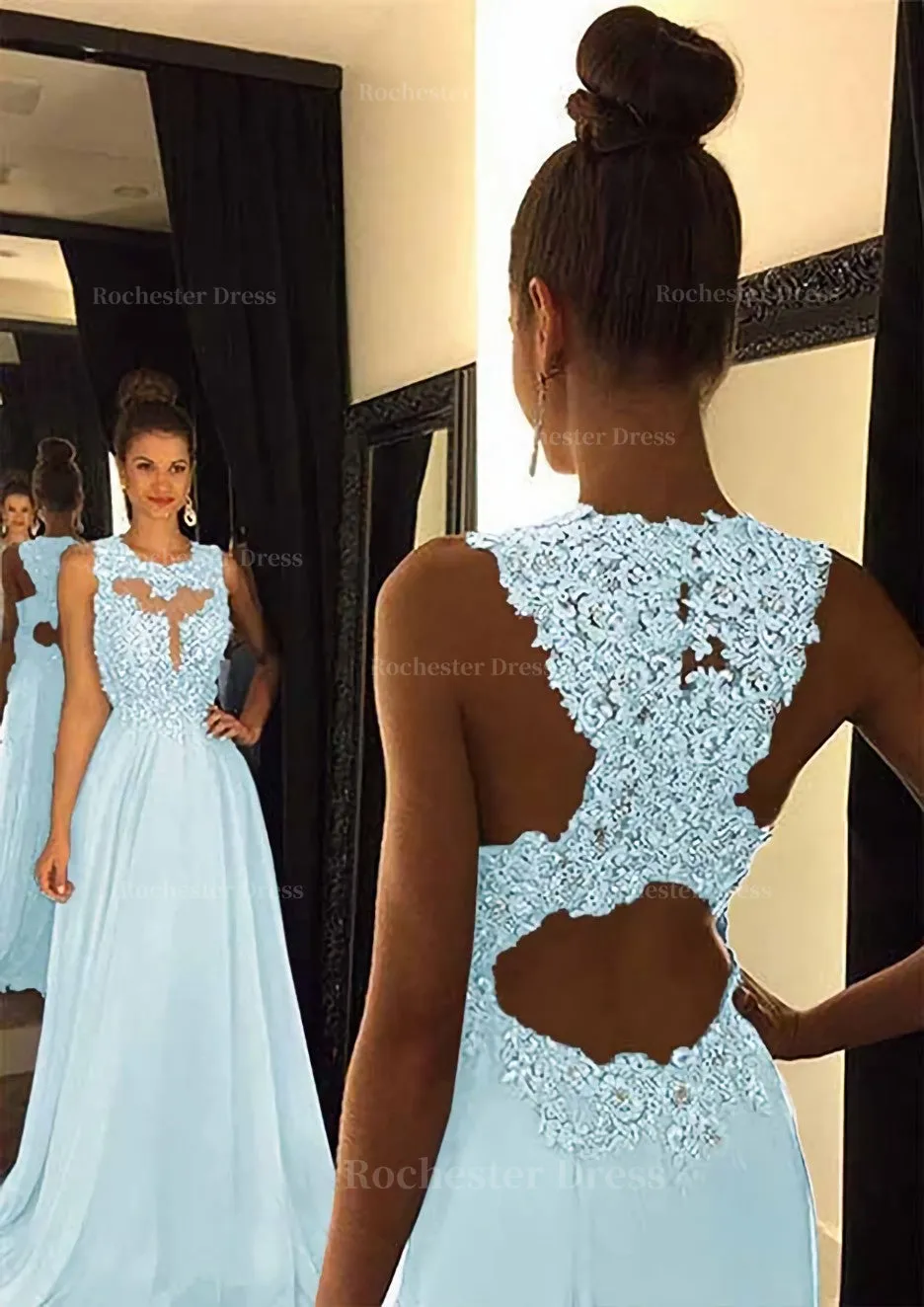 Chiffon Prom Dress A-Line/Princess Scoop Neck Sweep Train With Appliqued Beaded