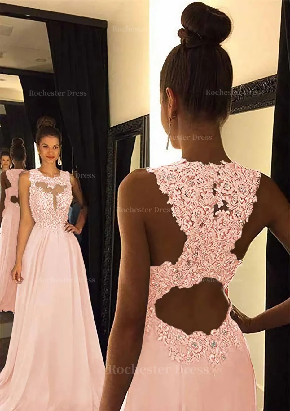 Chiffon Prom Dress A-Line/Princess Scoop Neck Sweep Train With Appliqued Beaded