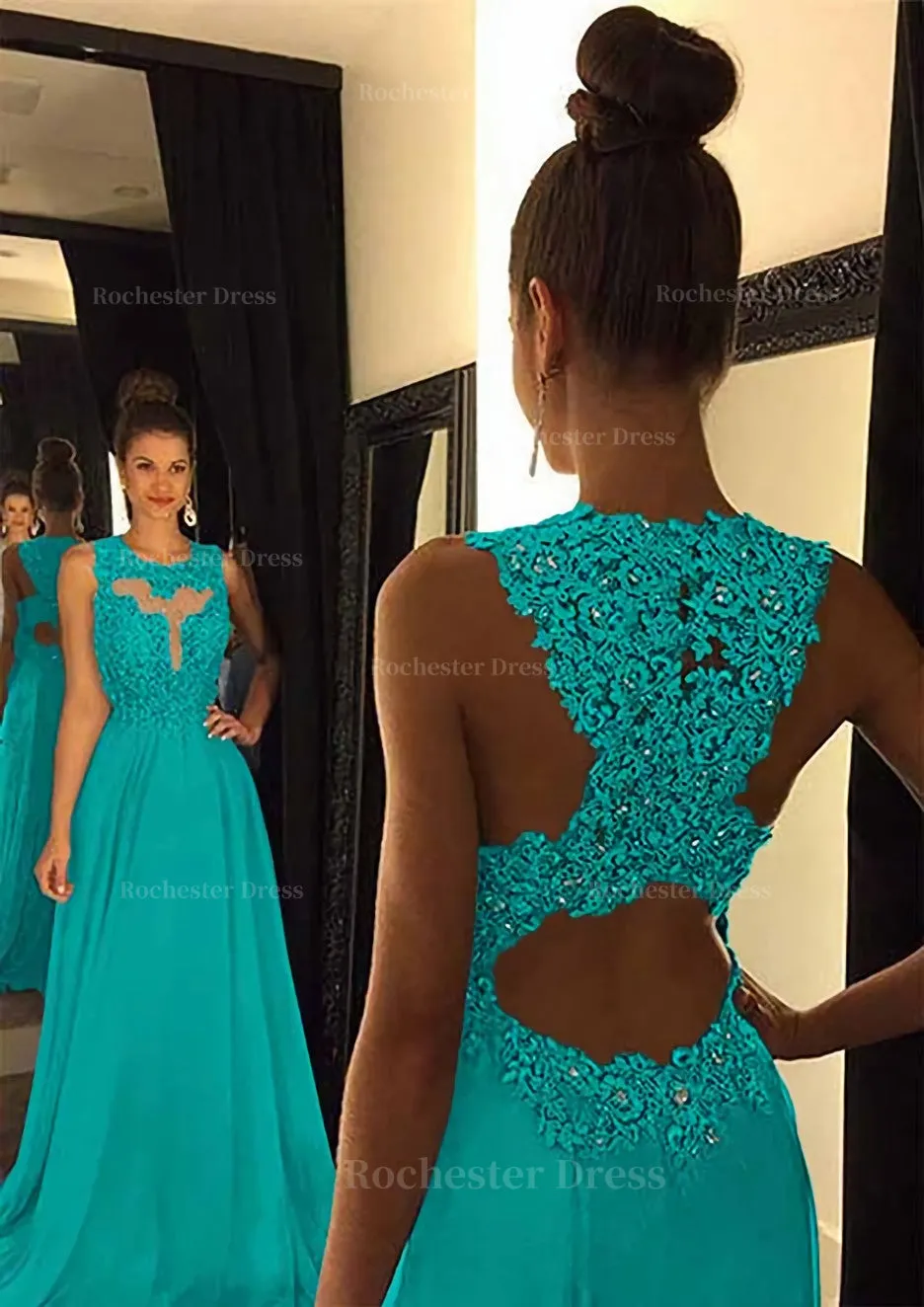 Chiffon Prom Dress A-Line/Princess Scoop Neck Sweep Train With Appliqued Beaded