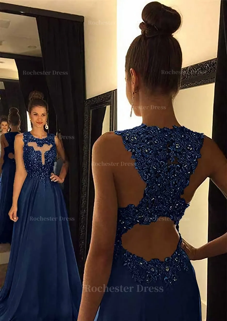 Chiffon Prom Dress A-Line/Princess Scoop Neck Sweep Train With Appliqued Beaded
