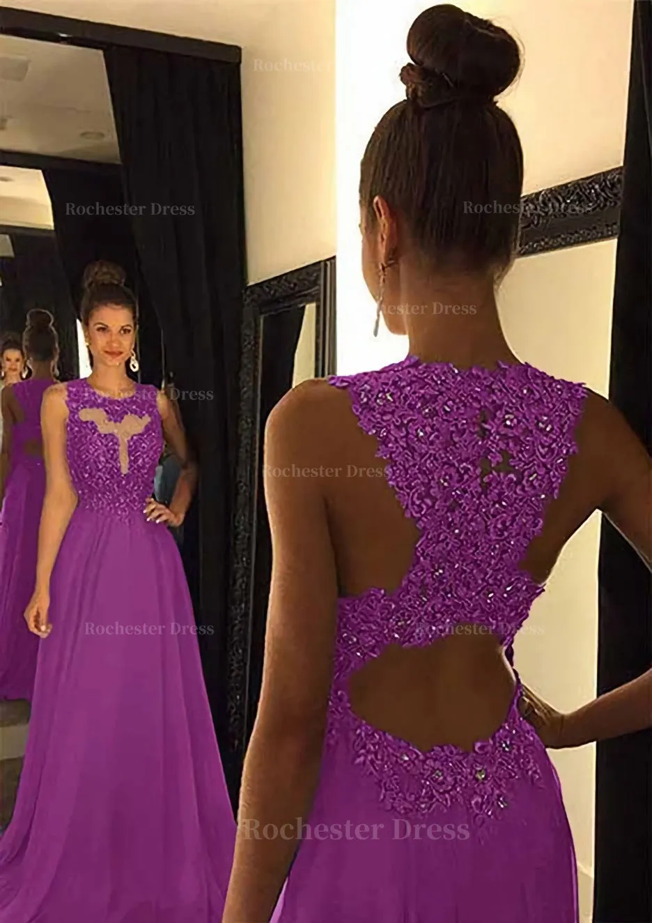 Chiffon Prom Dress A-Line/Princess Scoop Neck Sweep Train With Appliqued Beaded