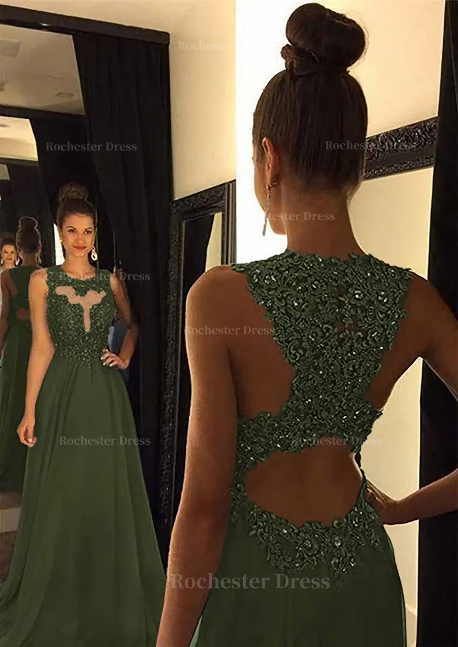 Chiffon Prom Dress A-Line/Princess Scoop Neck Sweep Train With Appliqued Beaded