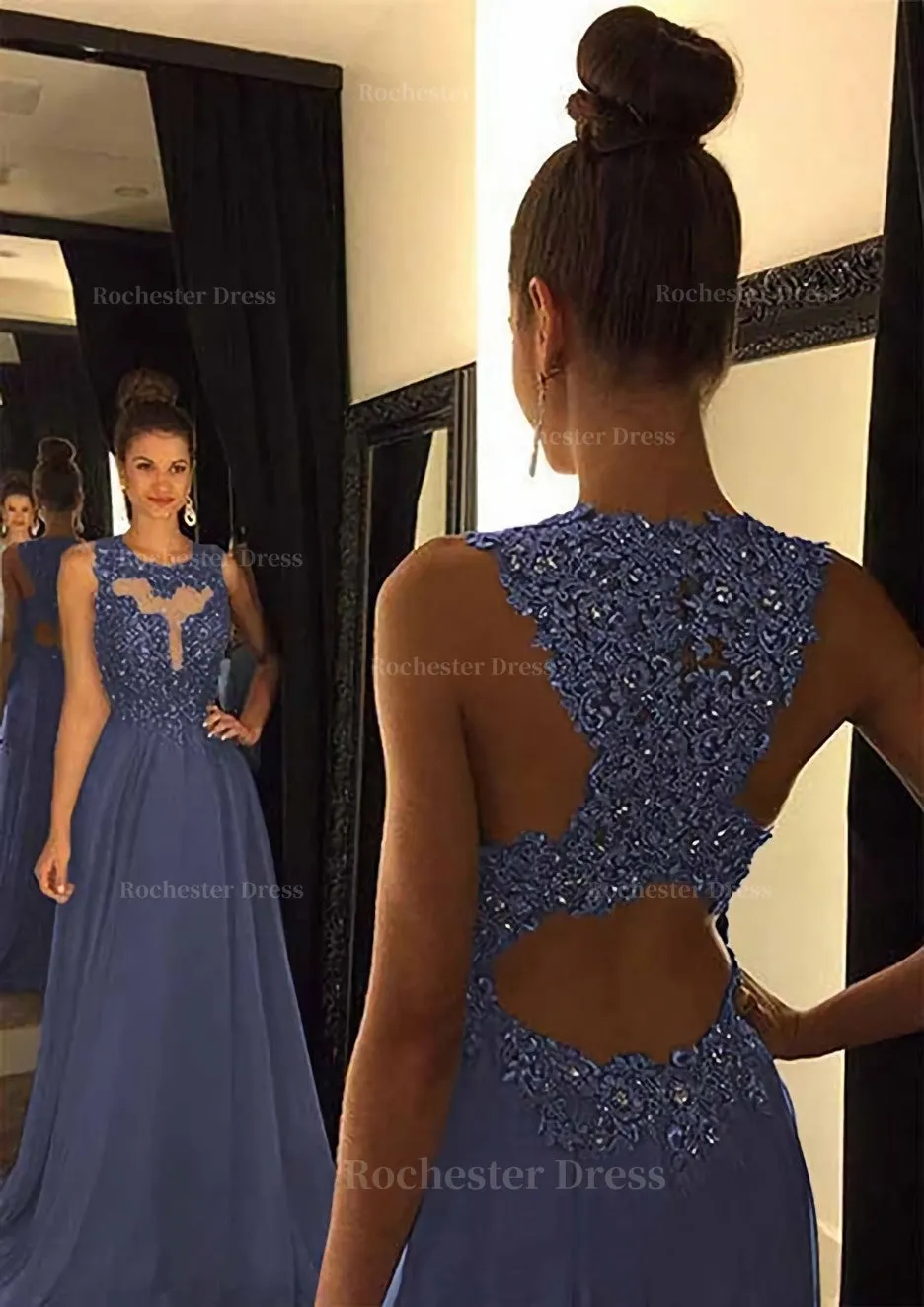 Chiffon Prom Dress A-Line/Princess Scoop Neck Sweep Train With Appliqued Beaded