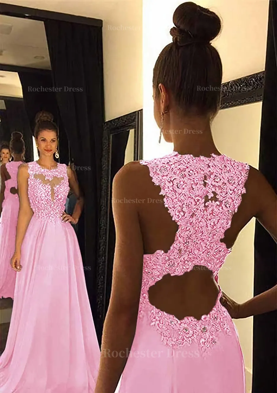 Chiffon Prom Dress A-Line/Princess Scoop Neck Sweep Train With Appliqued Beaded