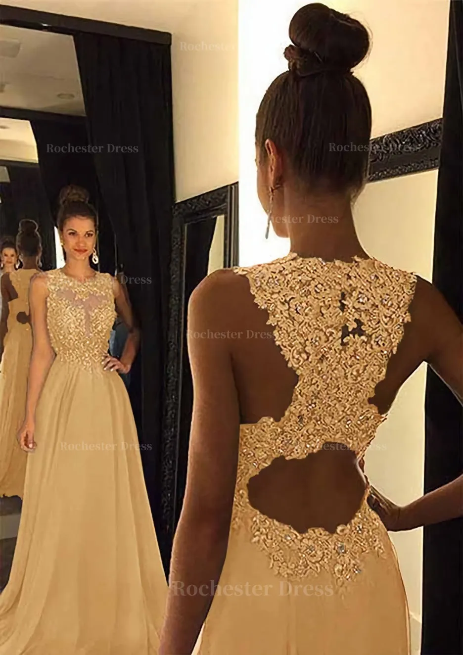 Chiffon Prom Dress A-Line/Princess Scoop Neck Sweep Train With Appliqued Beaded