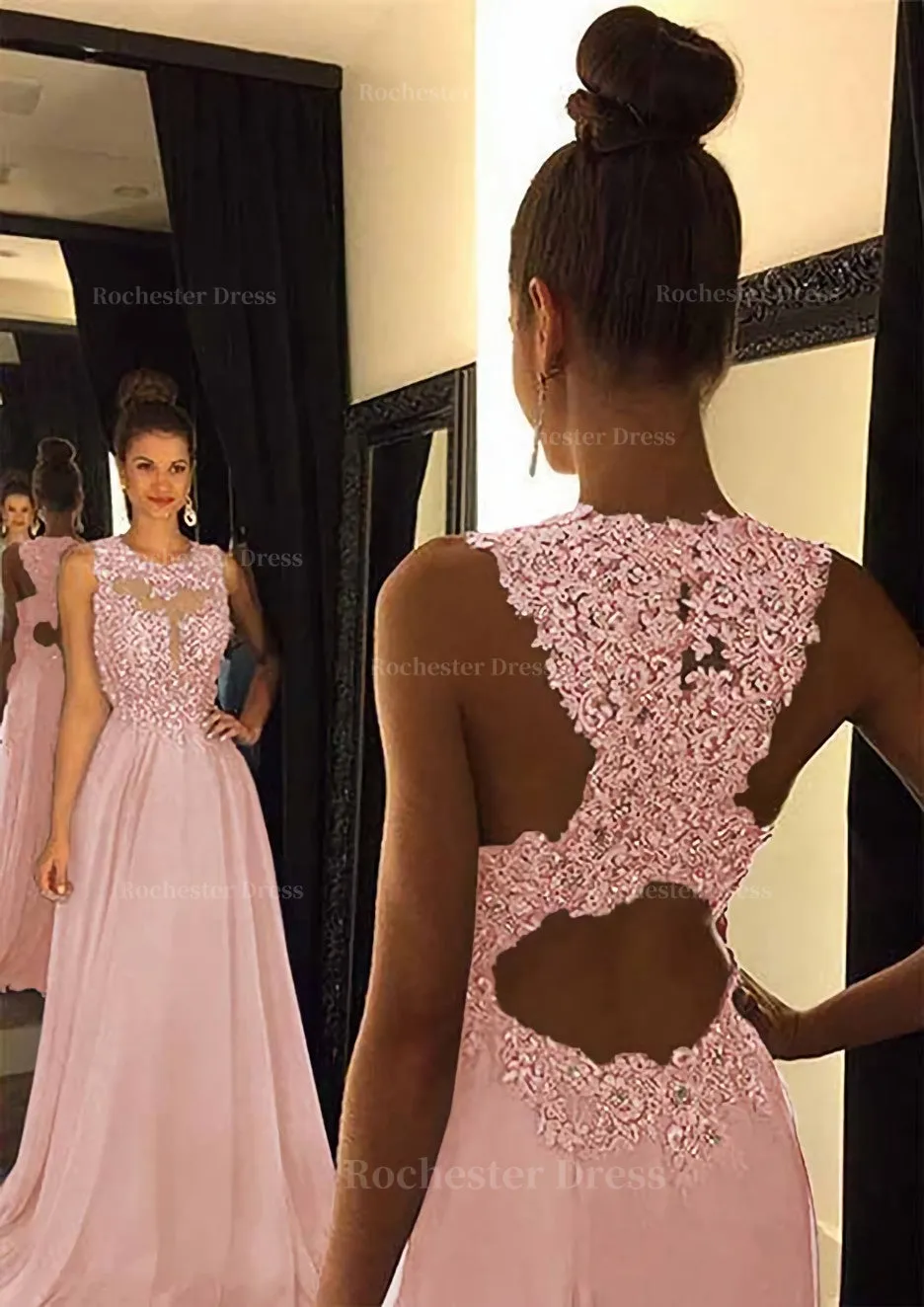 Chiffon Prom Dress A-Line/Princess Scoop Neck Sweep Train With Appliqued Beaded