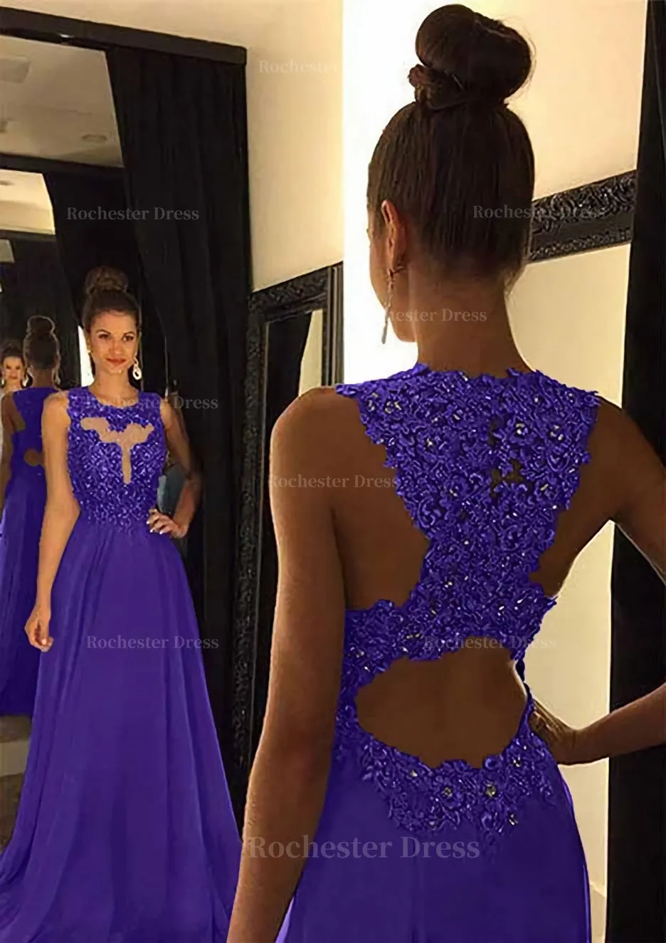 Chiffon Prom Dress A-Line/Princess Scoop Neck Sweep Train With Appliqued Beaded