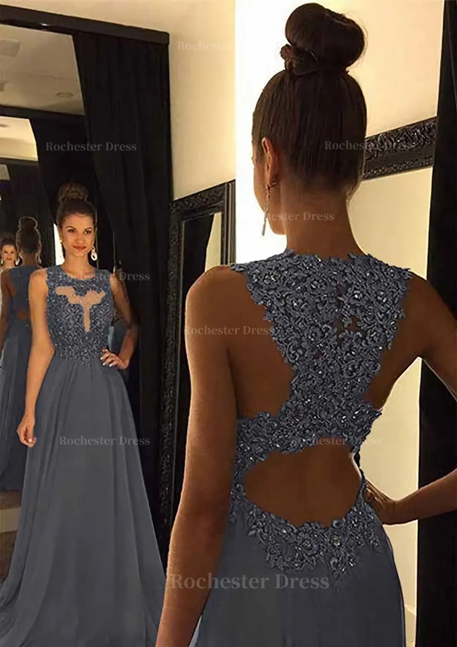 Chiffon Prom Dress A-Line/Princess Scoop Neck Sweep Train With Appliqued Beaded