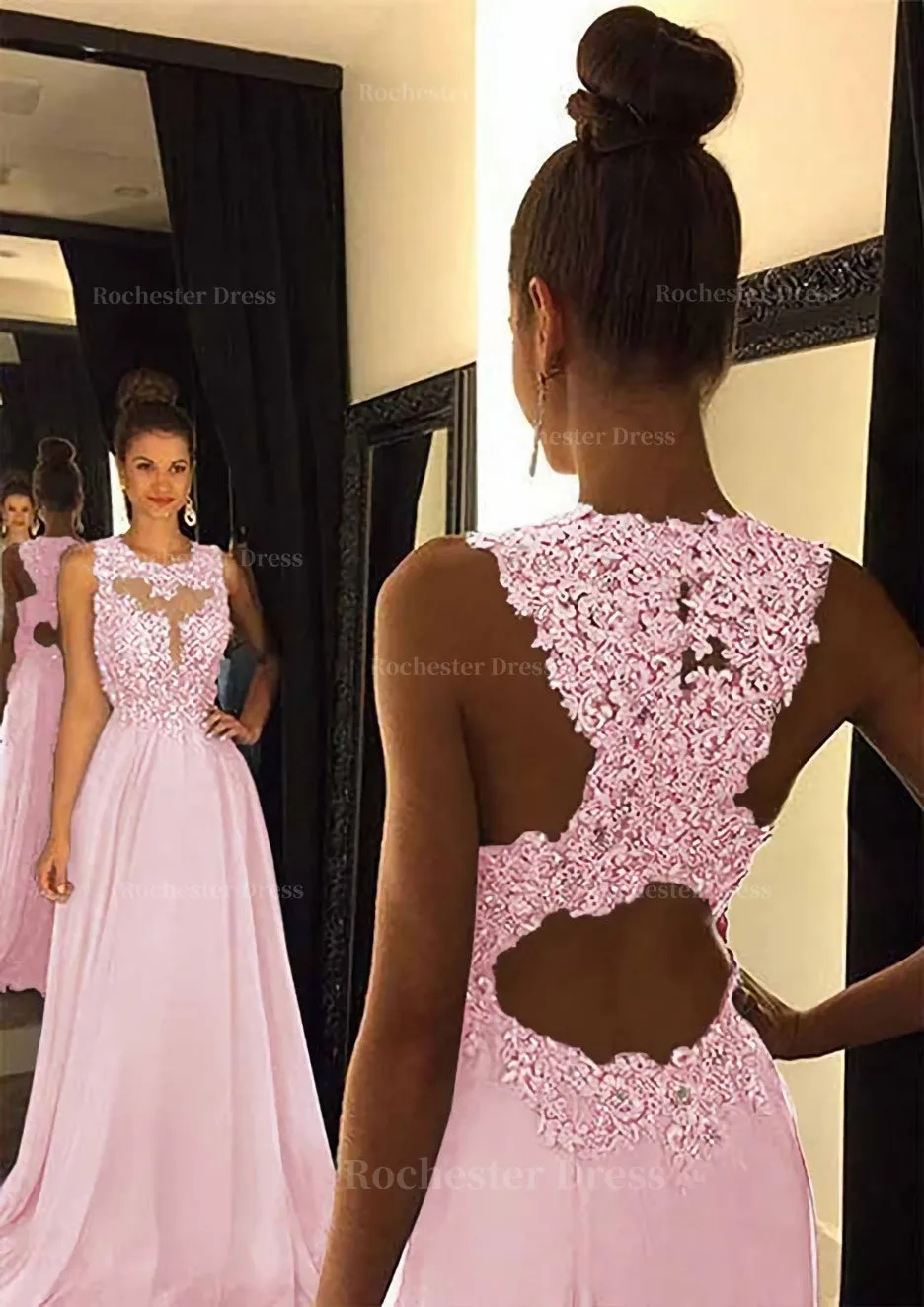 Chiffon Prom Dress A-Line/Princess Scoop Neck Sweep Train With Appliqued Beaded