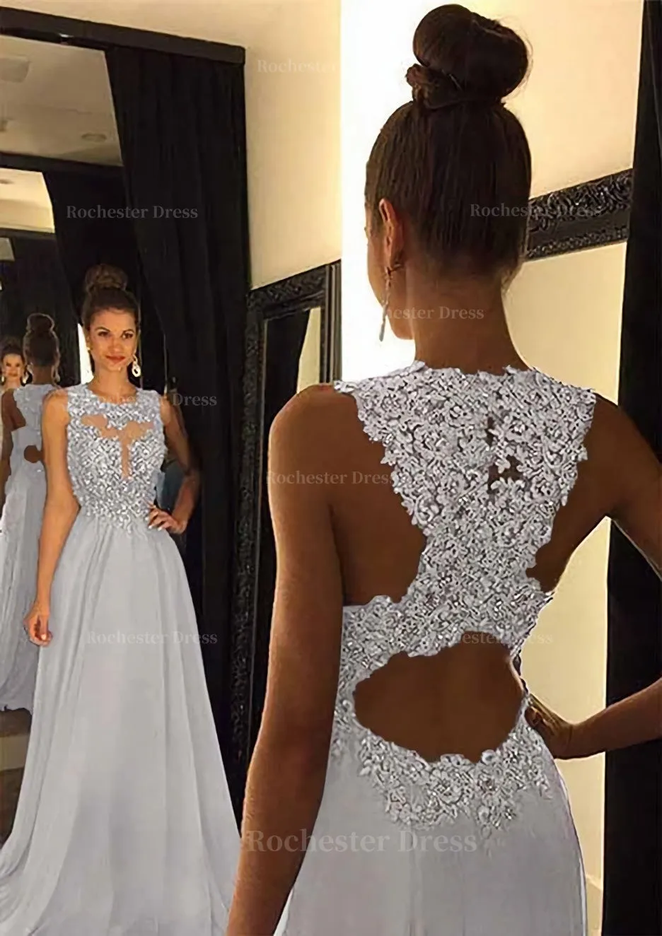 Chiffon Prom Dress A-Line/Princess Scoop Neck Sweep Train With Appliqued Beaded