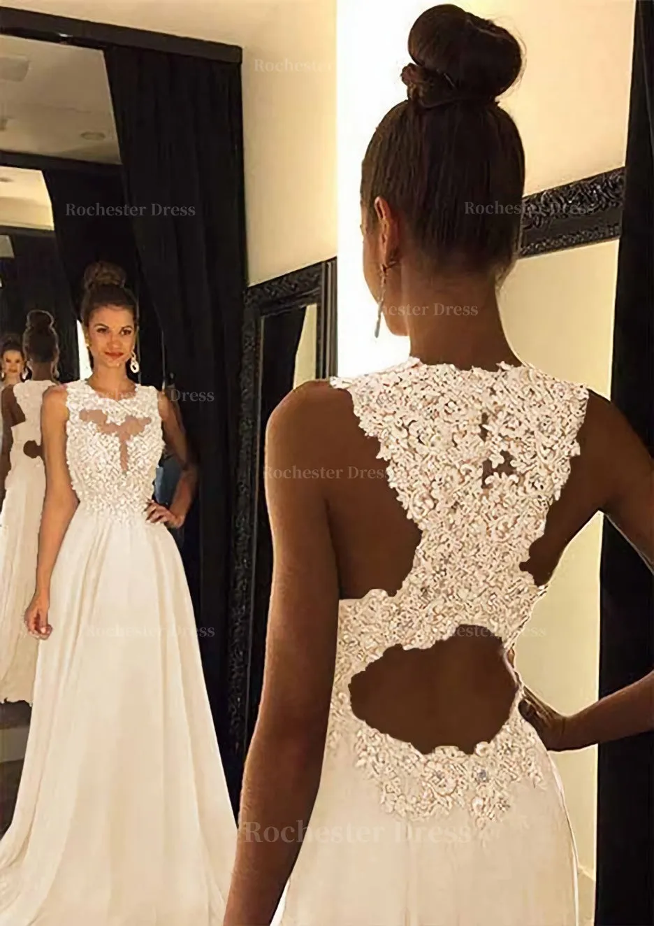 Chiffon Prom Dress A-Line/Princess Scoop Neck Sweep Train With Appliqued Beaded