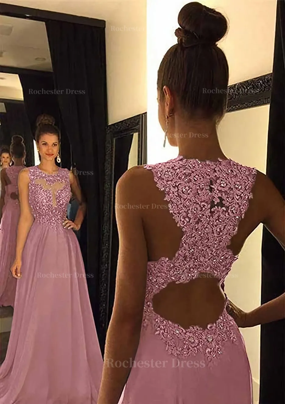 Chiffon Prom Dress A-Line/Princess Scoop Neck Sweep Train With Appliqued Beaded