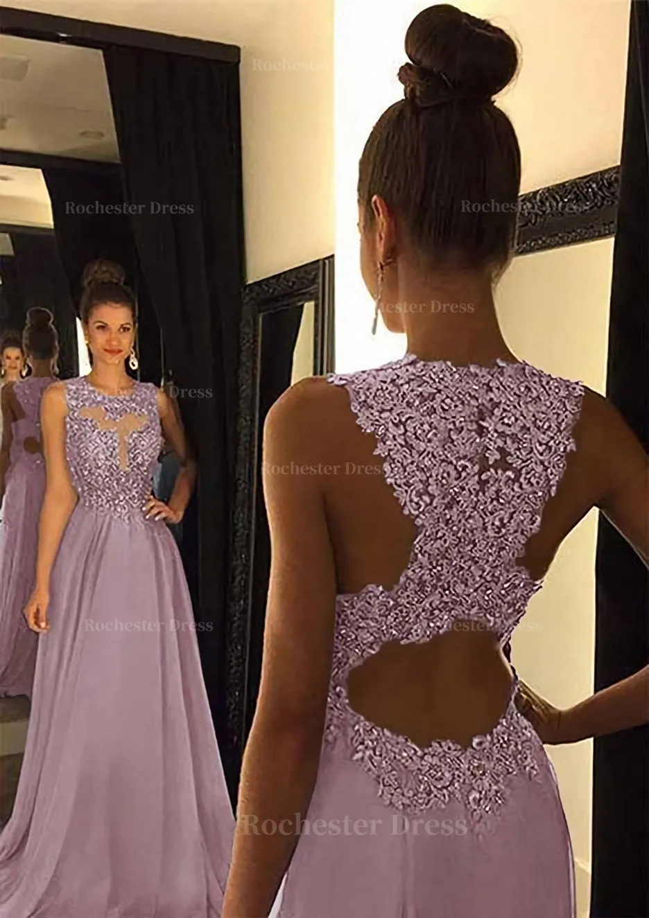 Chiffon Prom Dress A-Line/Princess Scoop Neck Sweep Train With Appliqued Beaded