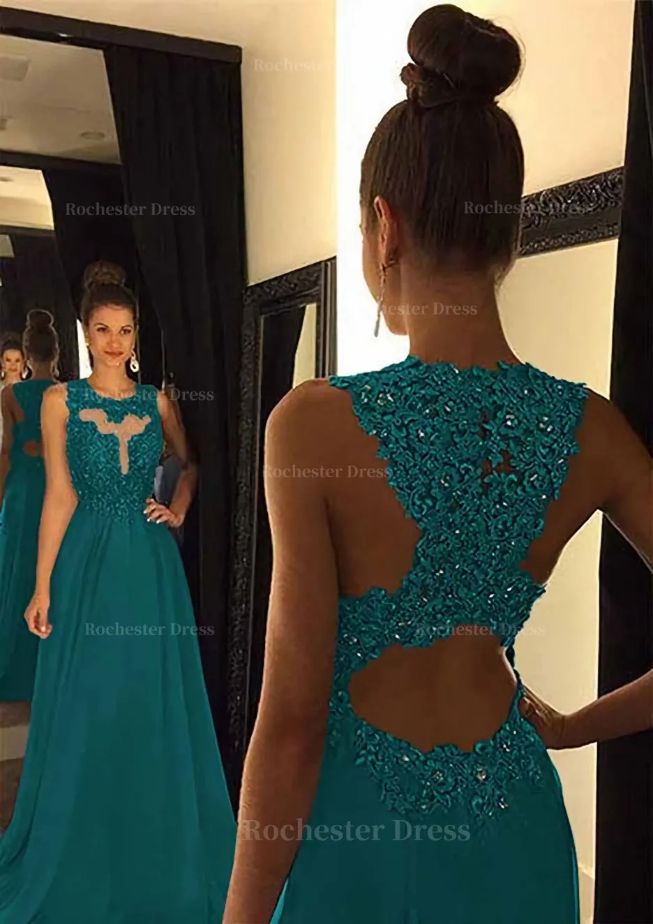 Chiffon Prom Dress A-Line/Princess Scoop Neck Sweep Train With Appliqued Beaded