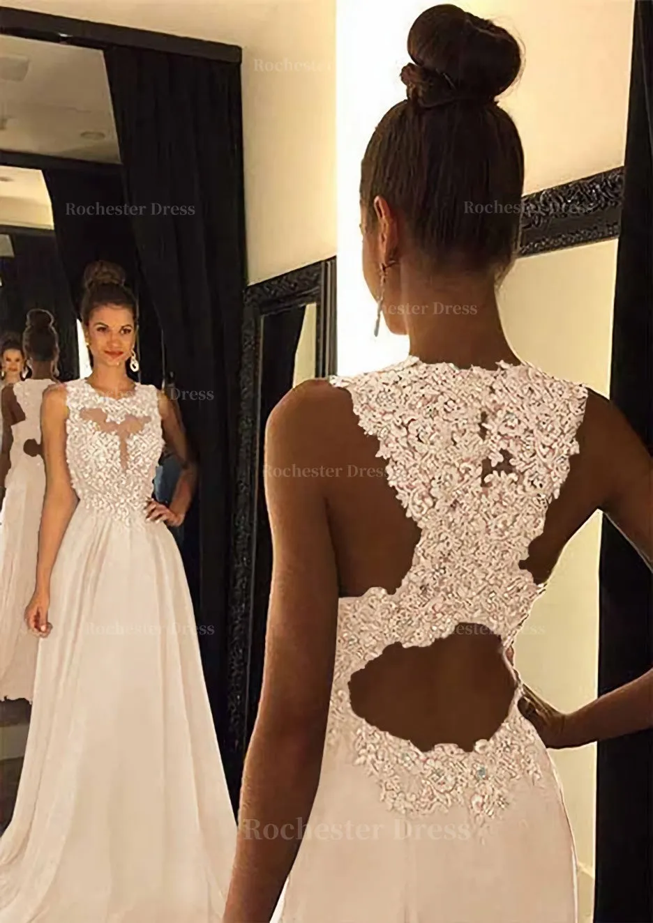 Chiffon Prom Dress A-Line/Princess Scoop Neck Sweep Train With Appliqued Beaded