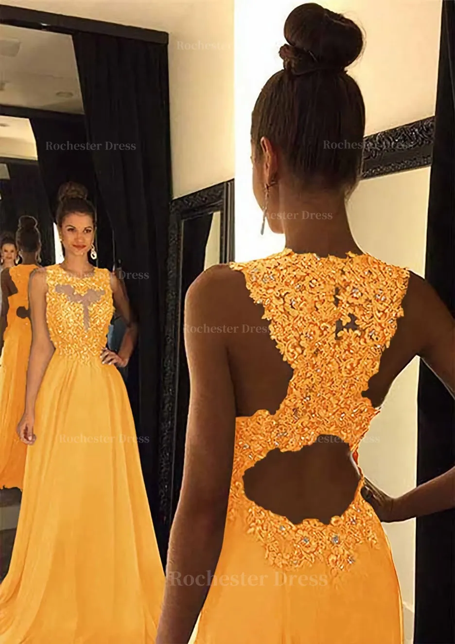 Chiffon Prom Dress A-Line/Princess Scoop Neck Sweep Train With Appliqued Beaded