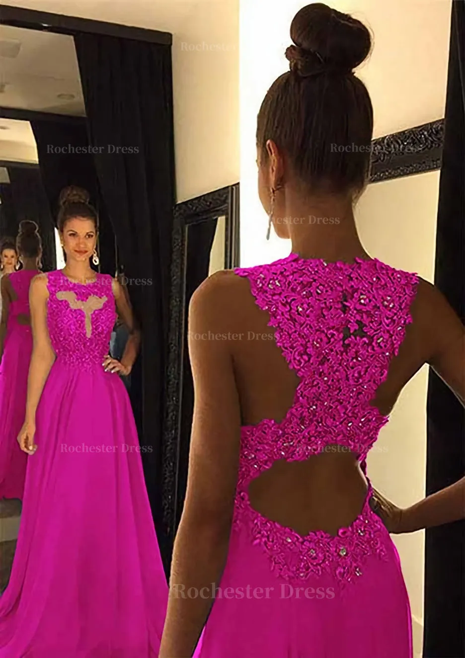 Chiffon Prom Dress A-Line/Princess Scoop Neck Sweep Train With Appliqued Beaded