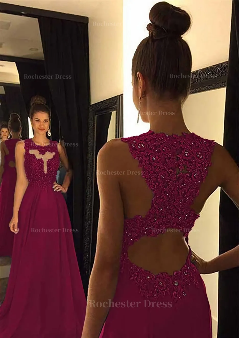 Chiffon Prom Dress A-Line/Princess Scoop Neck Sweep Train With Appliqued Beaded