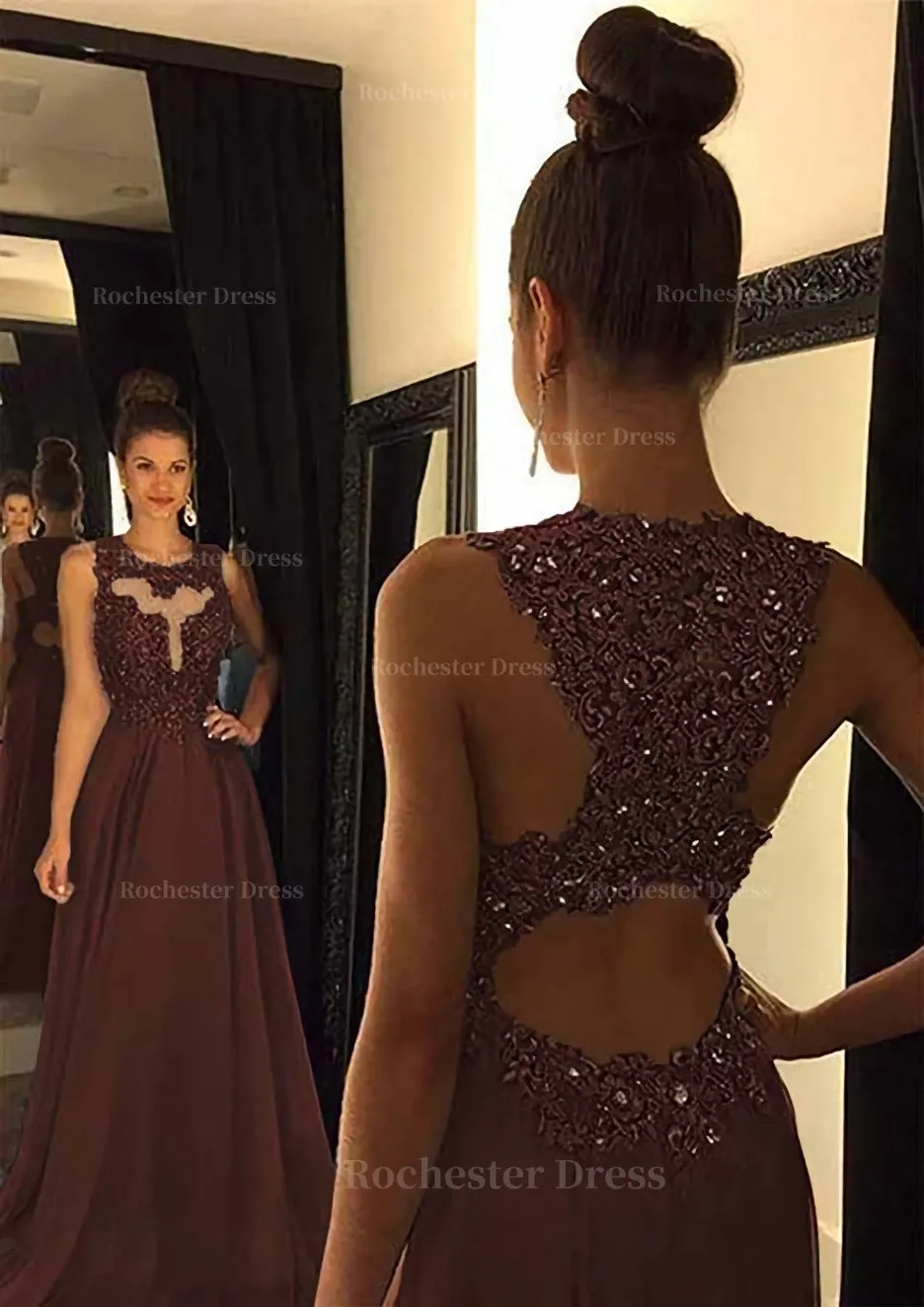 Chiffon Prom Dress A-Line/Princess Scoop Neck Sweep Train With Appliqued Beaded