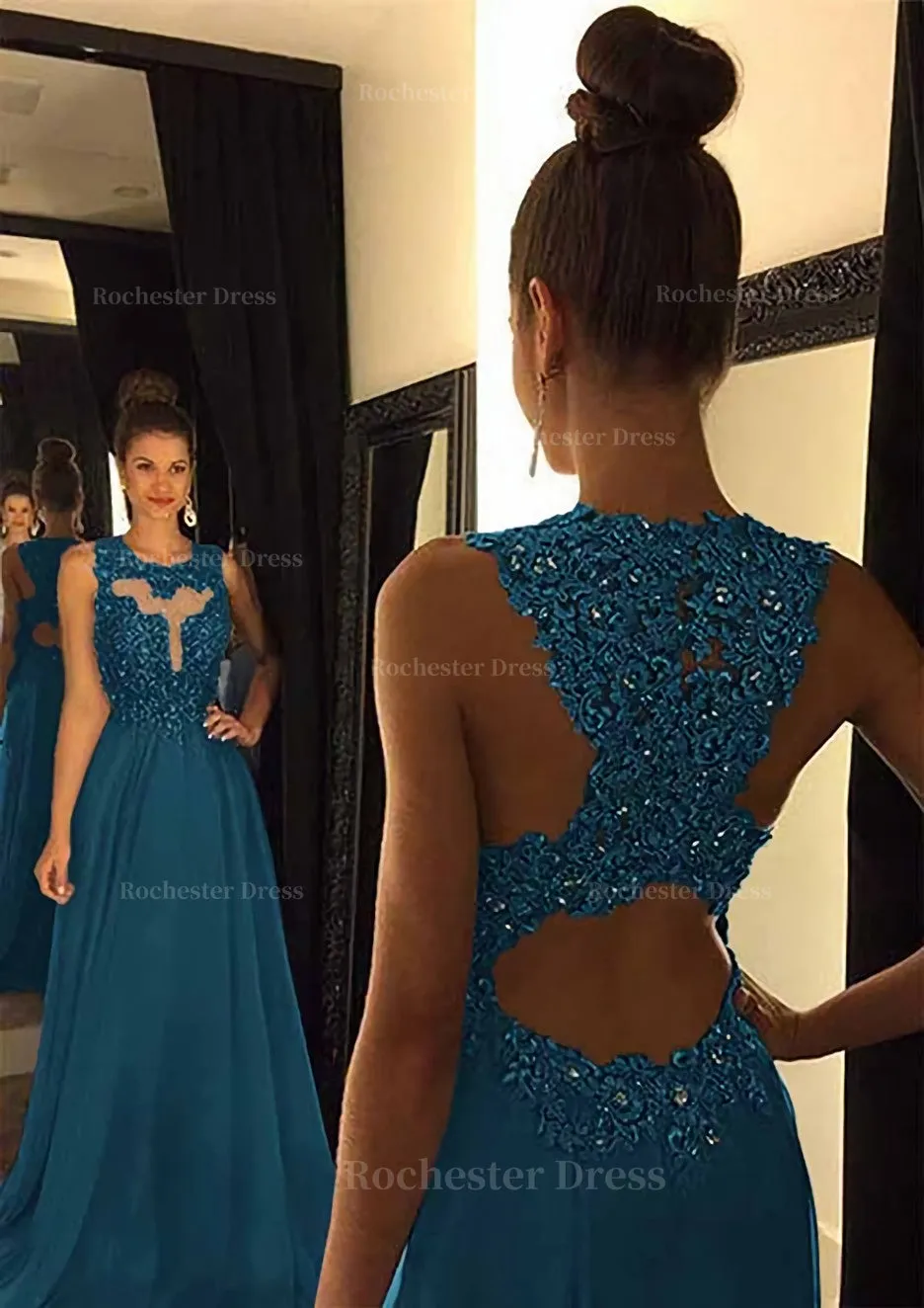 Chiffon Prom Dress A-Line/Princess Scoop Neck Sweep Train With Appliqued Beaded
