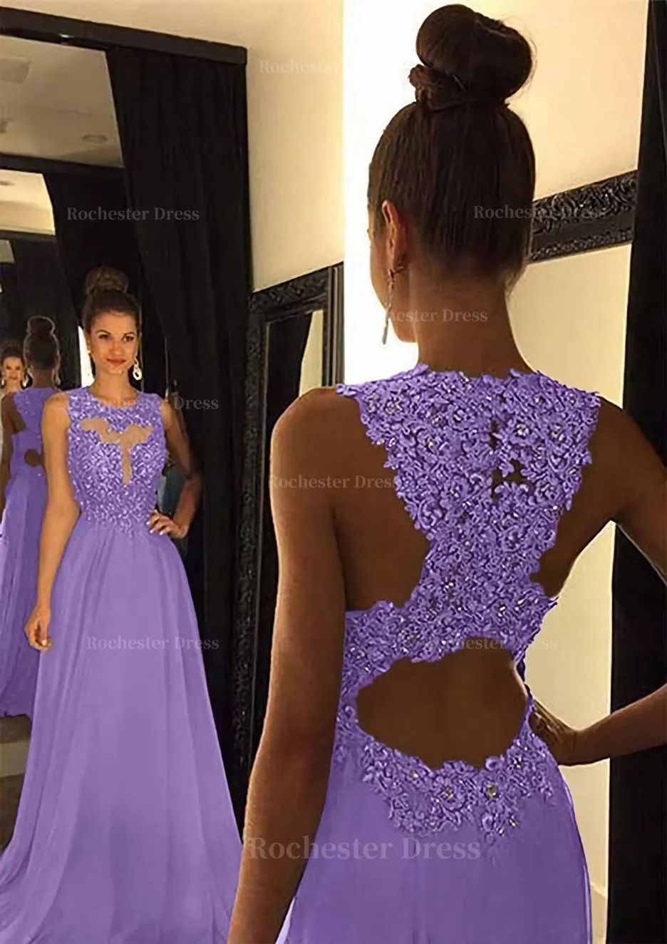 Chiffon Prom Dress A-Line/Princess Scoop Neck Sweep Train With Appliqued Beaded